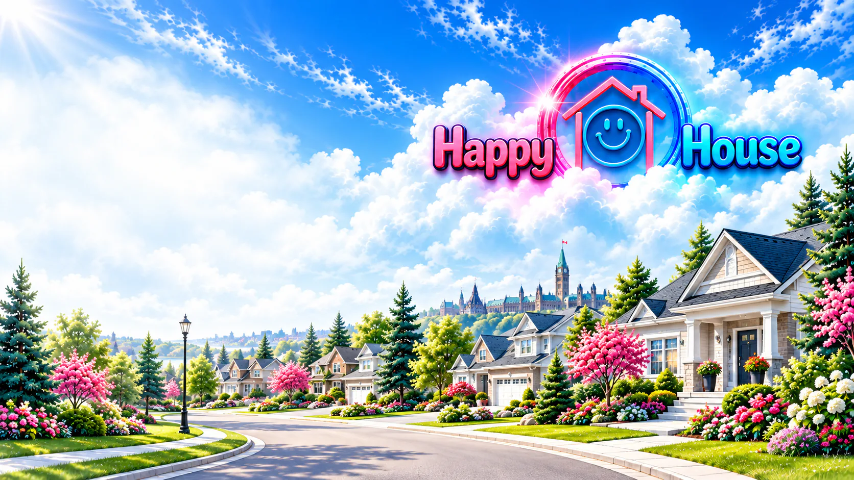 Illustrated Ottawa neighbourhood beneath the Happy House logo nestled in clouds